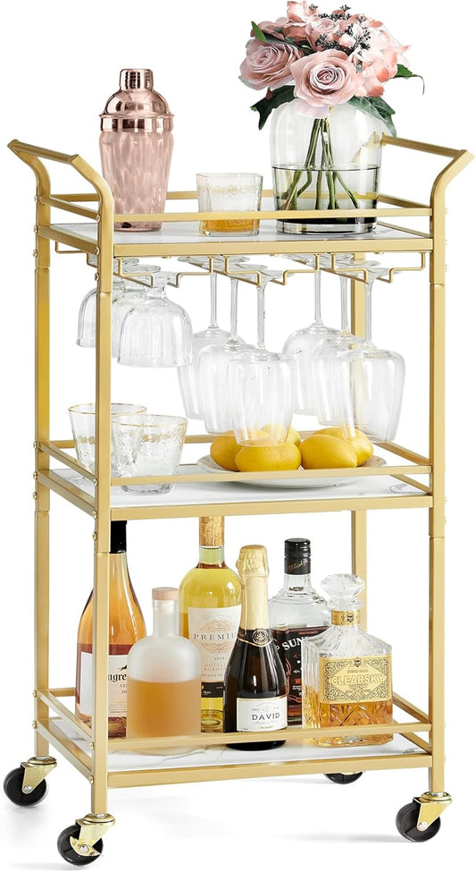 VASAGLE Bar Cart, Home Bar Serving Cart with 3 Tiers, Kitchen Shelf with Wine Rack, Glass Holders, for Small Spaces, Dining Room, Living Room, Pale Gold ULRC101A01
