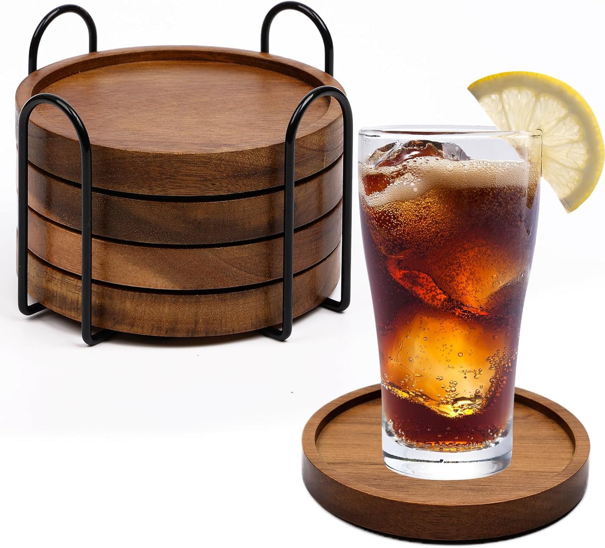 4 Pcs Acacia Coasters for Drinks Absorbent, Wood Coasters with Holder, Drink Coasters for Coffee Table, Absorbent Coaster Set for Table Protection Drink Coasters for Farmhouse, Office, Bar - Set of 4