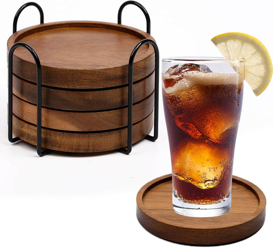 4 Pcs Acacia Coasters for Drinks Absorbent, Wood Coasters with Holder, Drink Coasters for Coffee Table, Absorbent Coaster Set for Table Protection Drink Coasters for Farmhouse, Office, Bar - Set of 4
