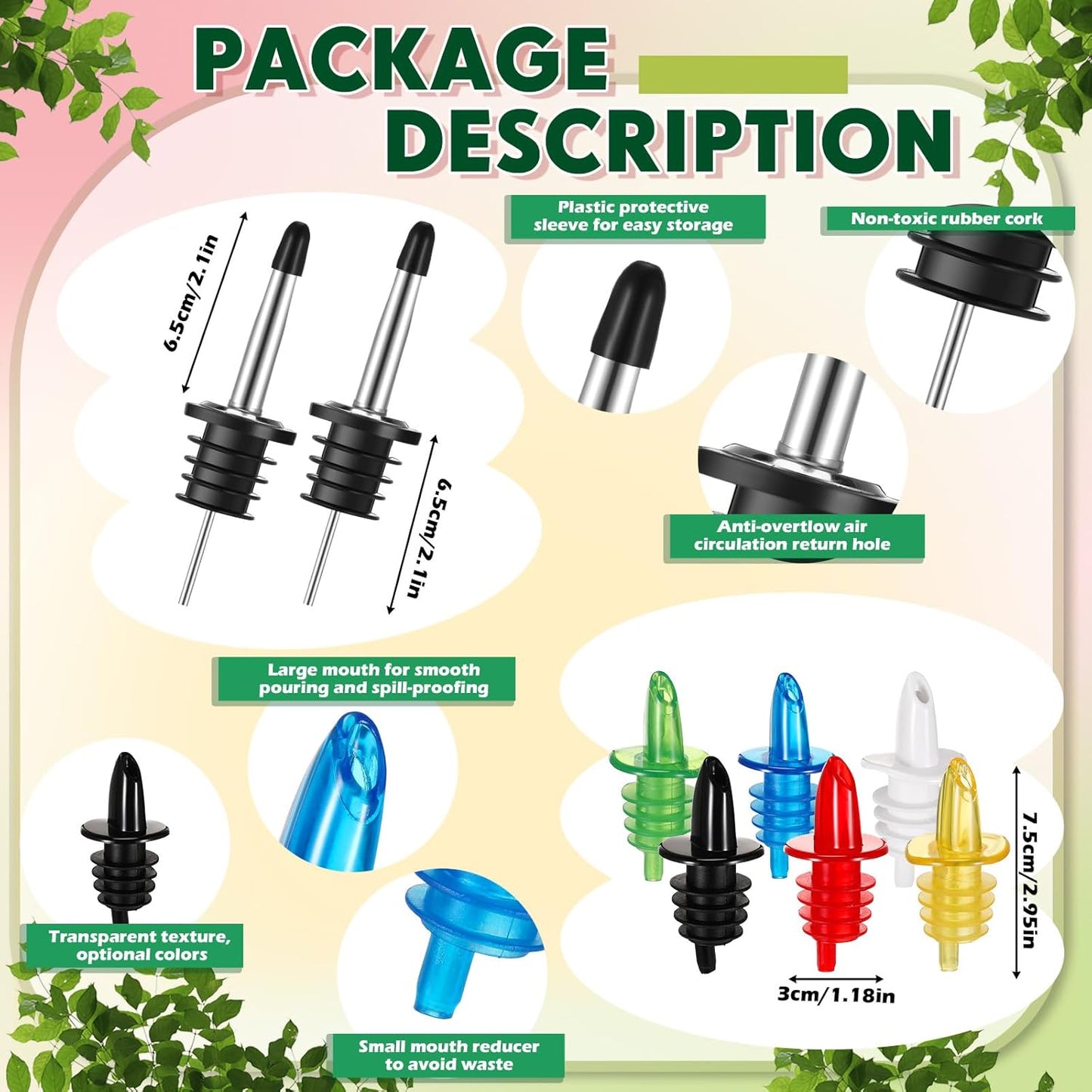 Maxcheck 6 Set 16 oz Plastic Long Neck Bottles with Rainbow Pourer and Caps Plastic Juice Pour Bottles with Stainless Steel Pourer Tapered Spout Syrup Pourers for Liquor Juice Store