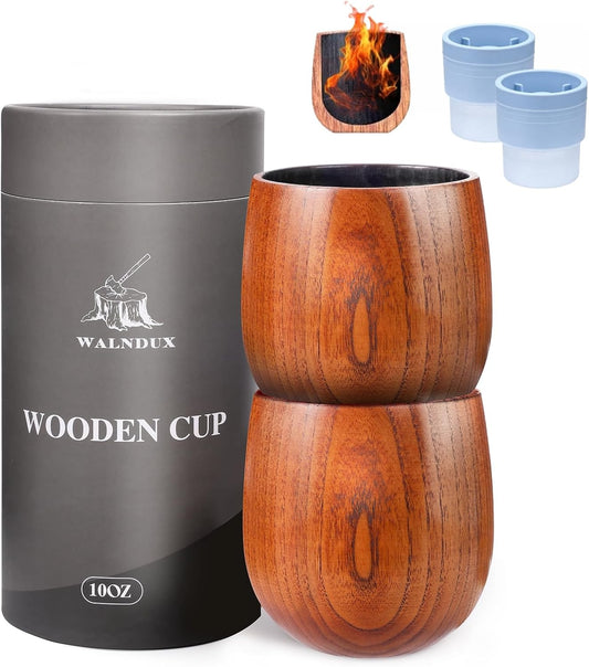 Charred Wooden Whiskey Glasses Set - 2 Pack with Ice Ball Molds - Premium Bourbon Gifts for Men Dad Brother - Old Fashioned Glasses