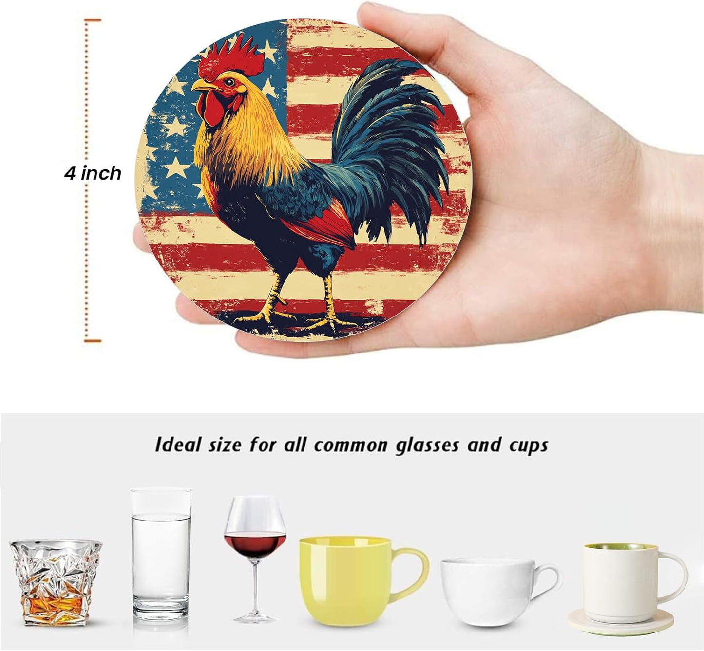 American Flag Coasters Set of 6, Rooster Retro Round Absorbent Ceramic Stone Coaster with Metal Holder and Cork Base, Country Vintage Drinks Coasters for Coffee Table, Kitchen, Party, Gifts