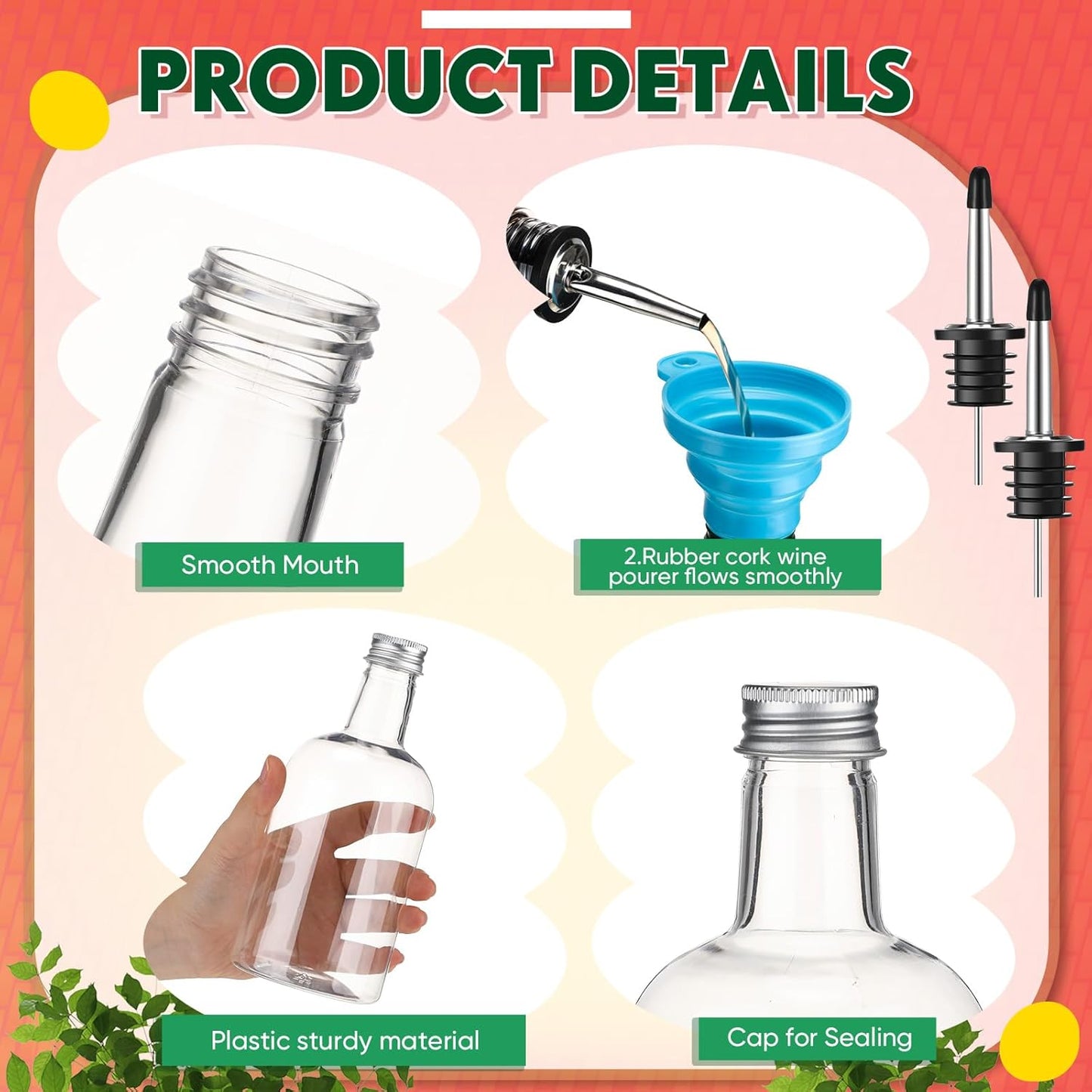6 Sets 16 oz Plastic Long Neck Bottles with Pourers, Caps, Mats for Bartending, Plastic Bar Caddy Organizer for Bar Supplies Liquor Juice Store Syrup Bottles Pourers