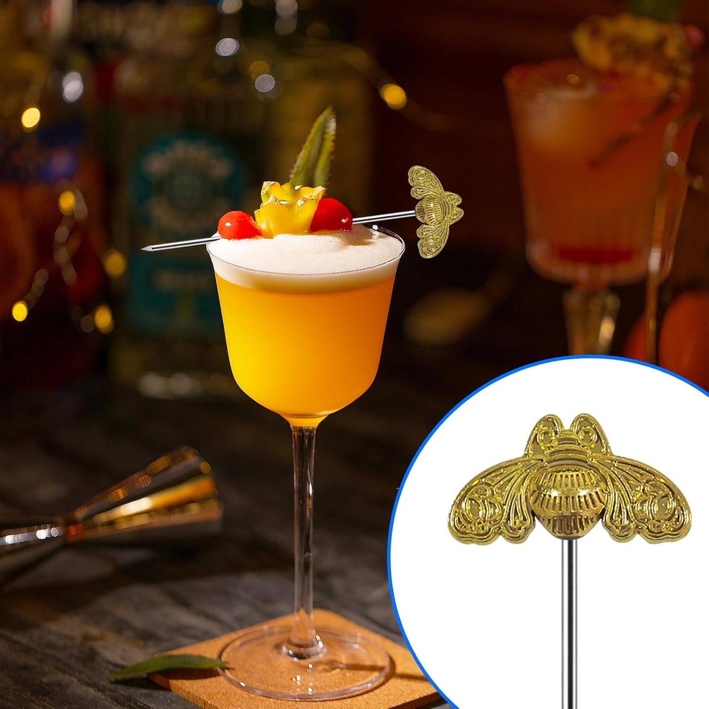 Cocktail Picks Stick, Cocktail Toothpicks Stainless Steel Martini Olive Picks for Bar Barbecue Fruit, Bloody Mary Drink Sticks (8pcs,Gold Bee)