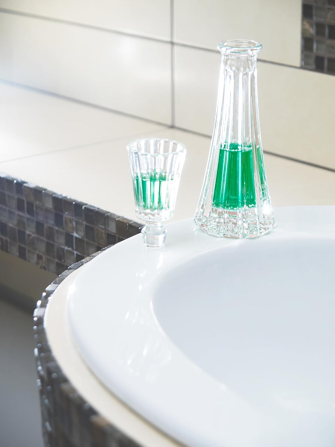 Barski Crystal - Glass -Mouthwash Decanter with 1.75 oz Cup Stopper - (can use the stopper as a Tumbler) 8.6" Height - 3 Oz. Decanter - Vertical Lines Design - Made in Europe