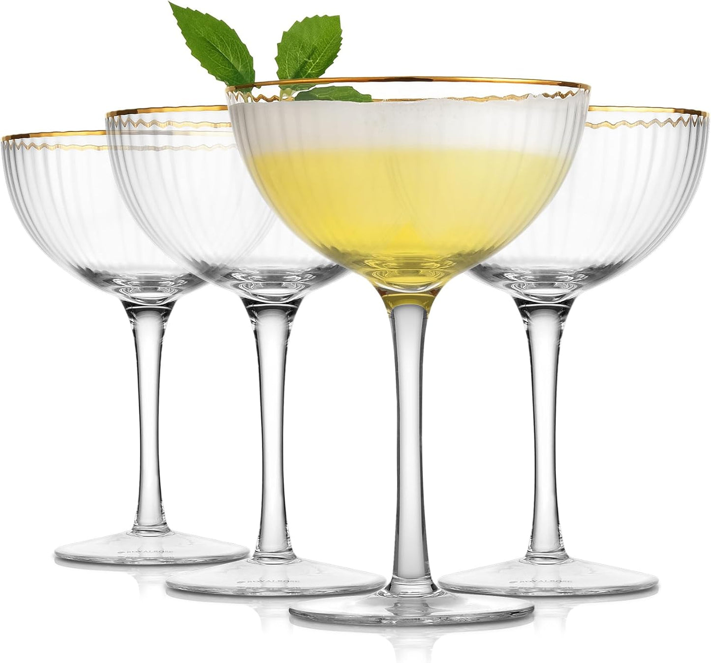 Royalrose Premium Cheerfull Fluted 10.7 oz Coupe Glasses Set of 4 – Vintage Gold Rim, Hand-Blown Fine Glass – Elegant Barware for Cocktails, Parties & Home Entertaining (4)