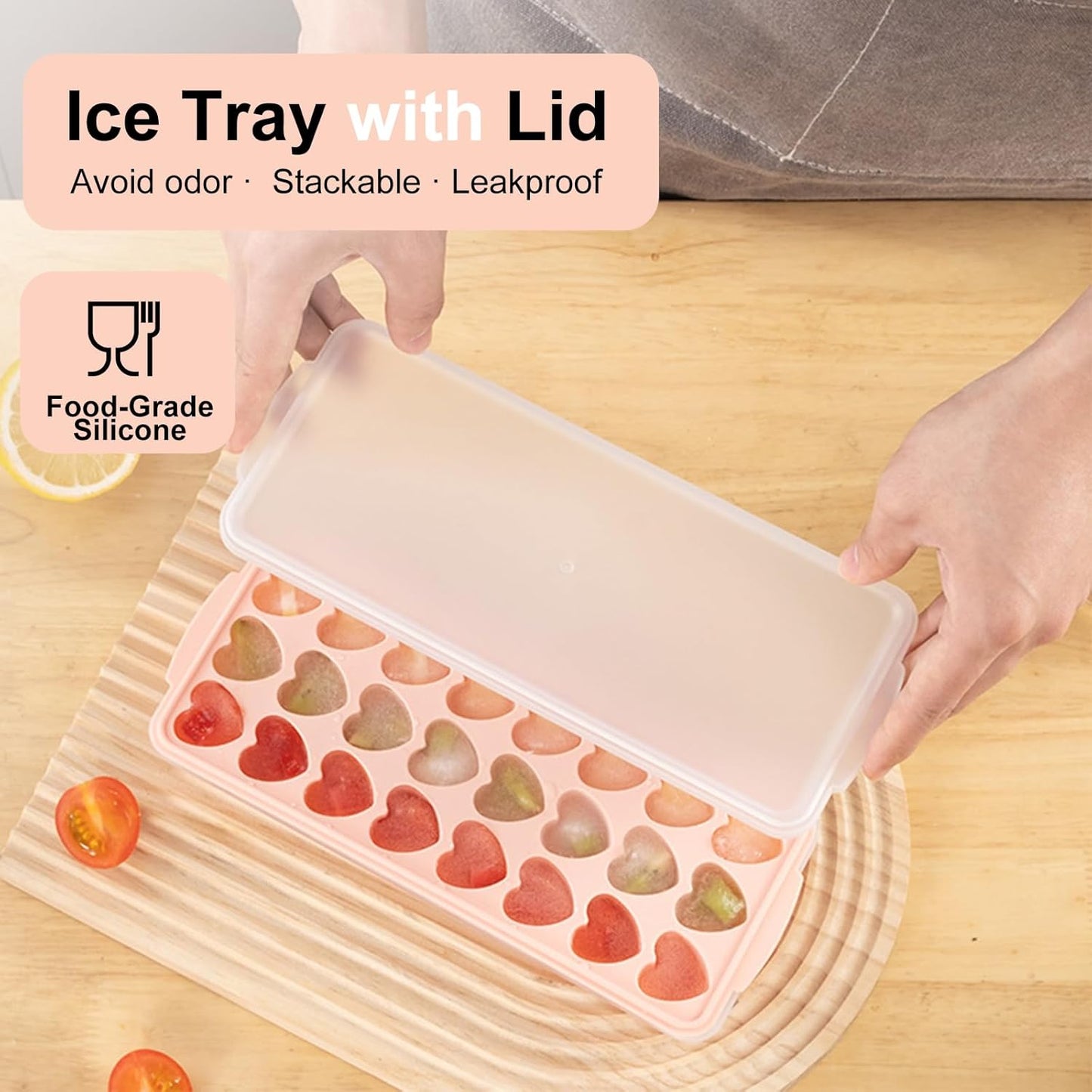 2 Pack Heart Shpaed Ice Cube Trays with Lids and Bins Ice Molds with Ice Storage Box, 48 Holes Silicone Heart Ice Cube Tray for Whiskey Cocktail Fun Shapes Cubes, with Lids & Bins