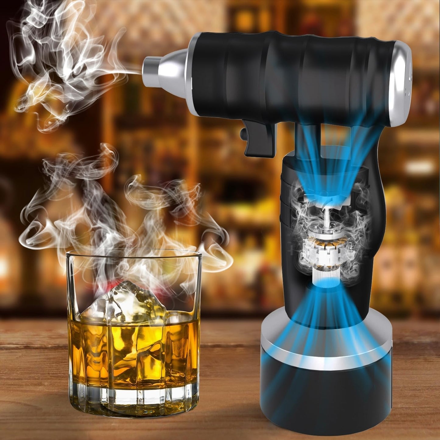 Electric Cocktail Smoker Kit - Rechargeable Whiskey Smoker Kit with Smoking Gun, Old-Fashioned Bourbon Smoker, Cold Smoker, Food Smoke Gun, Smoked Drink infuser, 6 Wood Chips,Butane Not required,Black