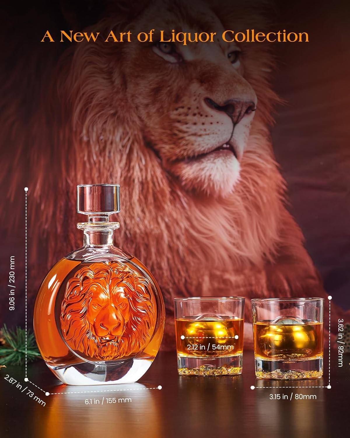 Engraved Lion Whiskey Decanter Set Gift for Men, Including 2 Lion-Engraved Shot Glasses & 2 Whiskey Ice Balls, Unique Christmas Birthday Gifts for Men Dad Husband, Cool Whiskey Set for Husband Brother