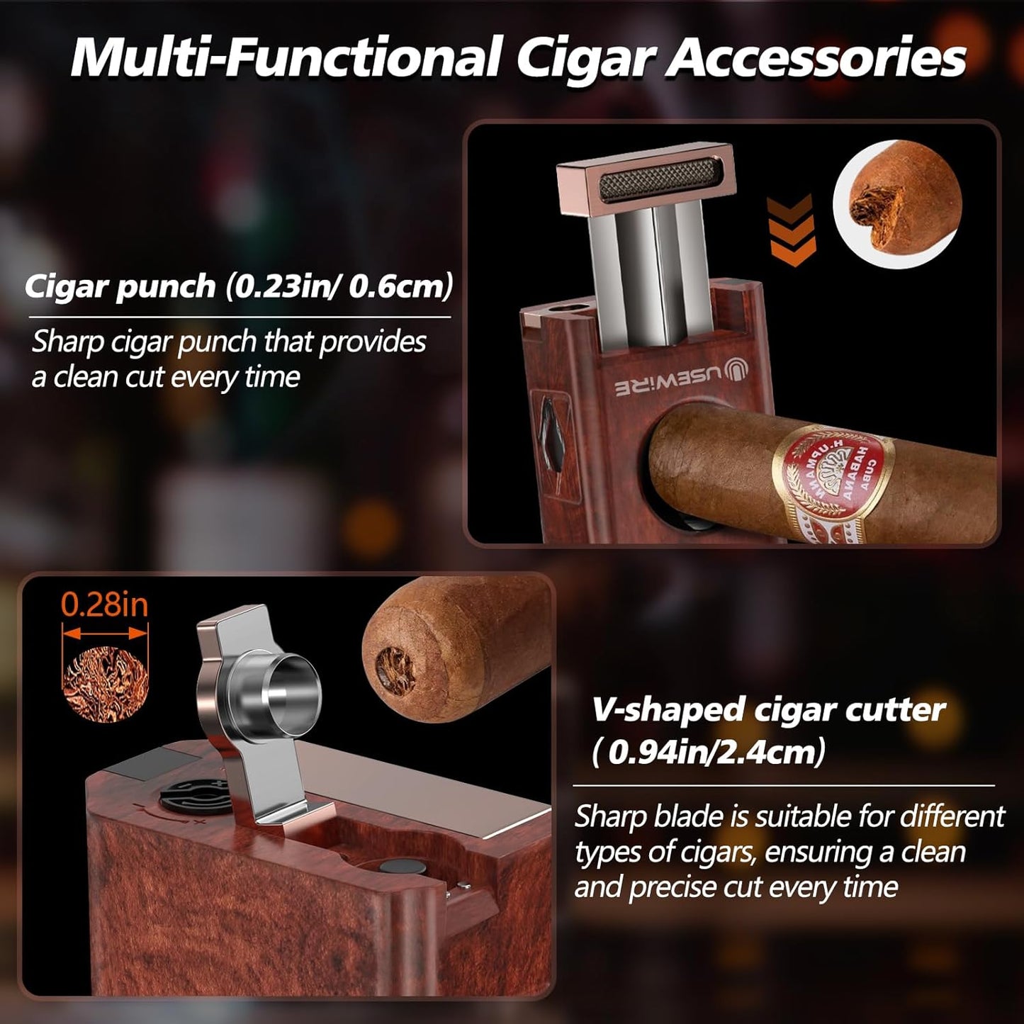 Cigar Lighter, Multifunctional Lighter with V-Cigar Cutter, Cigar Holder, Cigar Punch and Cigar Draw Enhancer, Fillable Butane Torch Lighter, Multi-Purpose Cigar Accessory, Cigar Gifts