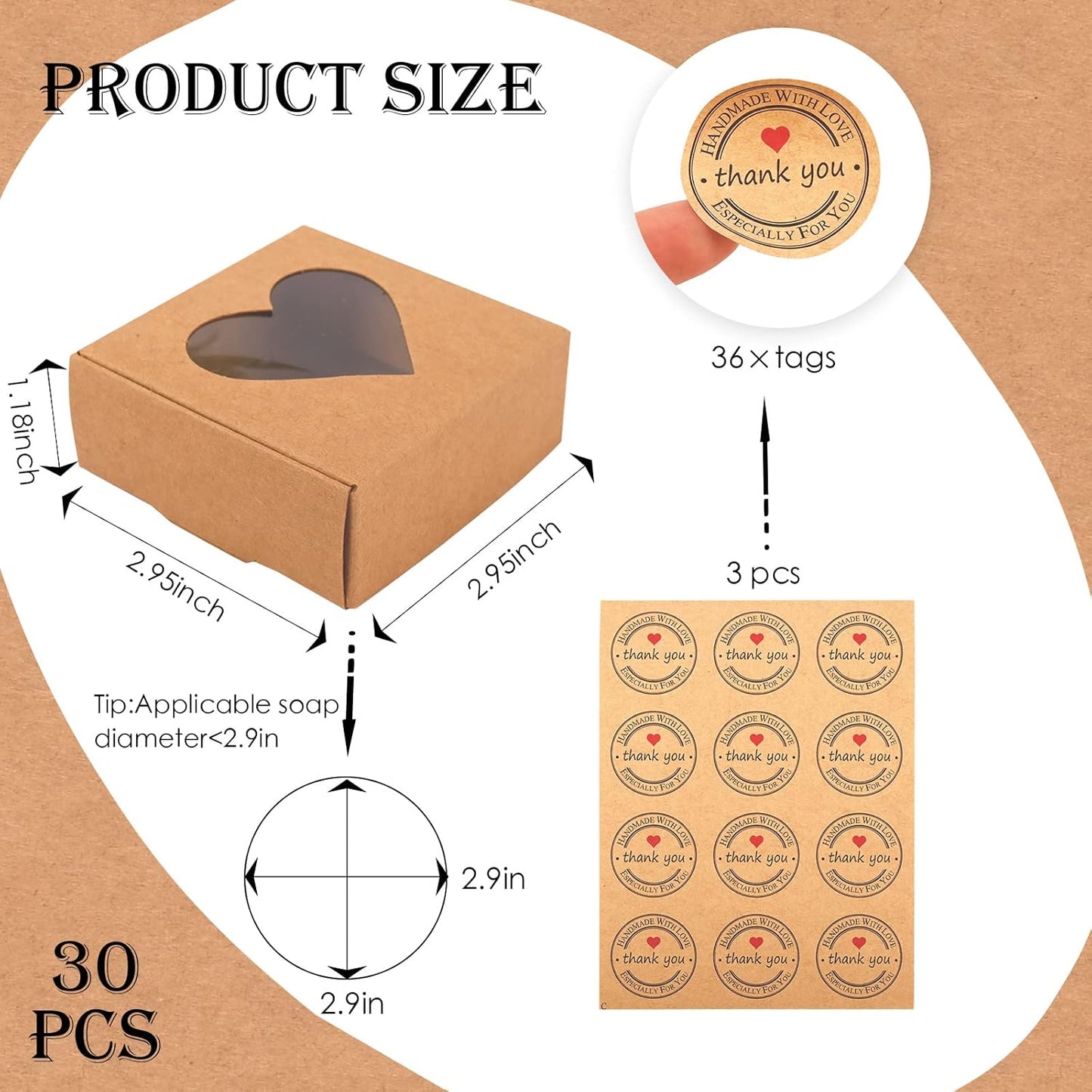 Moukiween 30 PCS Brown Soap Boxes for Homemade Soap, 2.95 X 2.95X 1.18 Inch Packaging Gift Boxes with Window, Small Square Soap Wrapping Boxes (Brown)
