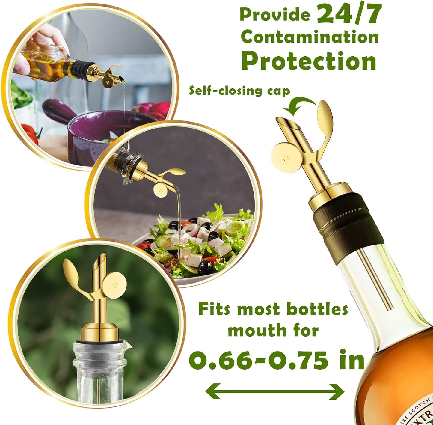 WAFJAMF 2 Pcs Weighted Stainless Steel Bottle Pourers, Self Closing Olive Oil Dispenser Spout, Auto Flip Feature Liquor Pour Spouts for Pours Liquid, Olive Oil, Wine, Vinegar (Gold)