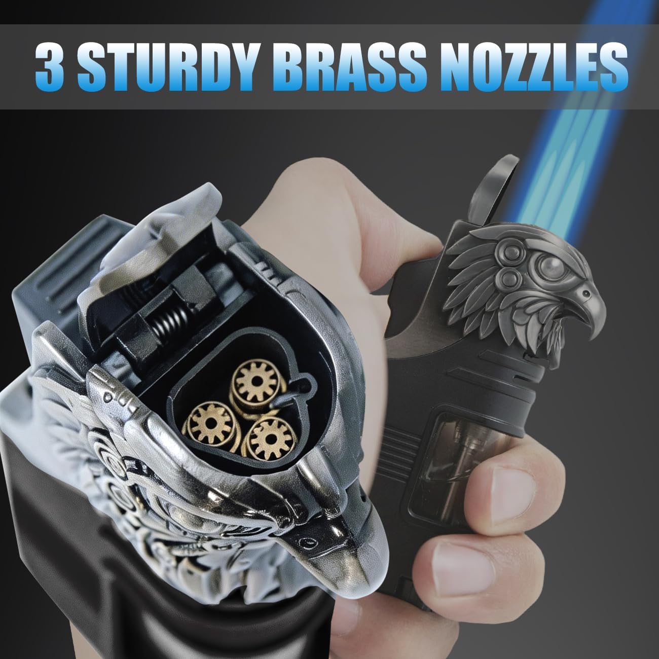 Torch Lighter, Triple Jet Flame Butane Refill Small Torch Lighters, Adjustable Flame Mini Pocket Torch Windproof Lighters with Metal Eagle-Head Decoration, Black (Without Fuel)