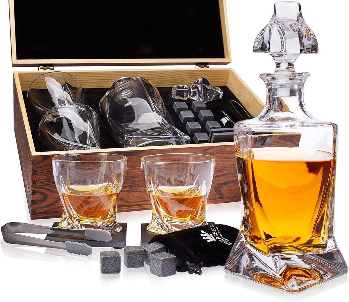 Whiskey Decanter Set for Men, Bourbon Decanter, Glasses & Whiskey Stones - 25.4 Ounces
