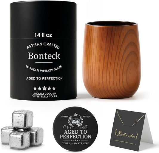 Bonteck Large Original Charred Wooden Bourbon Drinking Glass | 14 oz Charred Wooden Old Fashioned Whiskey Glass | Bourbon Gifts for Men, Dad, Boyfriend, or Brother | Whiskey Gifts (1 Pack)