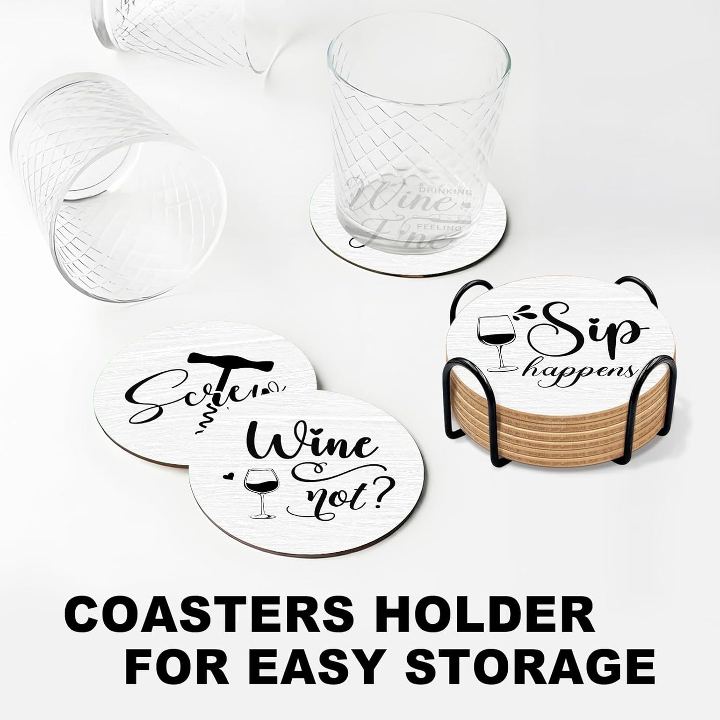 6 PCS Funny Sayings Cork Coasters for Drinks, Funny Wooden Coasters for Drinks with Coaster Holder, Living Room Kitchen Decor, for Wine Lover and Housewarming Present