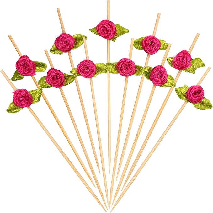 Minisland Multicolor Rose Flower Bamboo Cocktail Picks, Fancy Toothpicks - MSL221-Hot Pink Flower Toothpicks