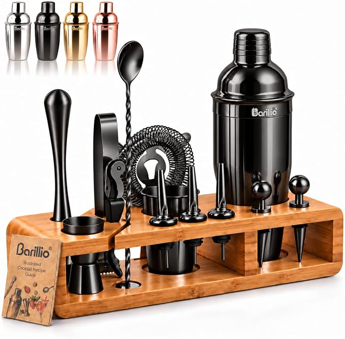 Barillio Bartender Kit - Stainless-Steel Cocktail Shaker Set w/Bamboo Stand - Mixology Bar Tools w/Drink Shaker, Mixer Spoon & Muddler for Cocktails - Home Bar Accessories - 23-Pc Bar Set - Silver - Black - Bamboo