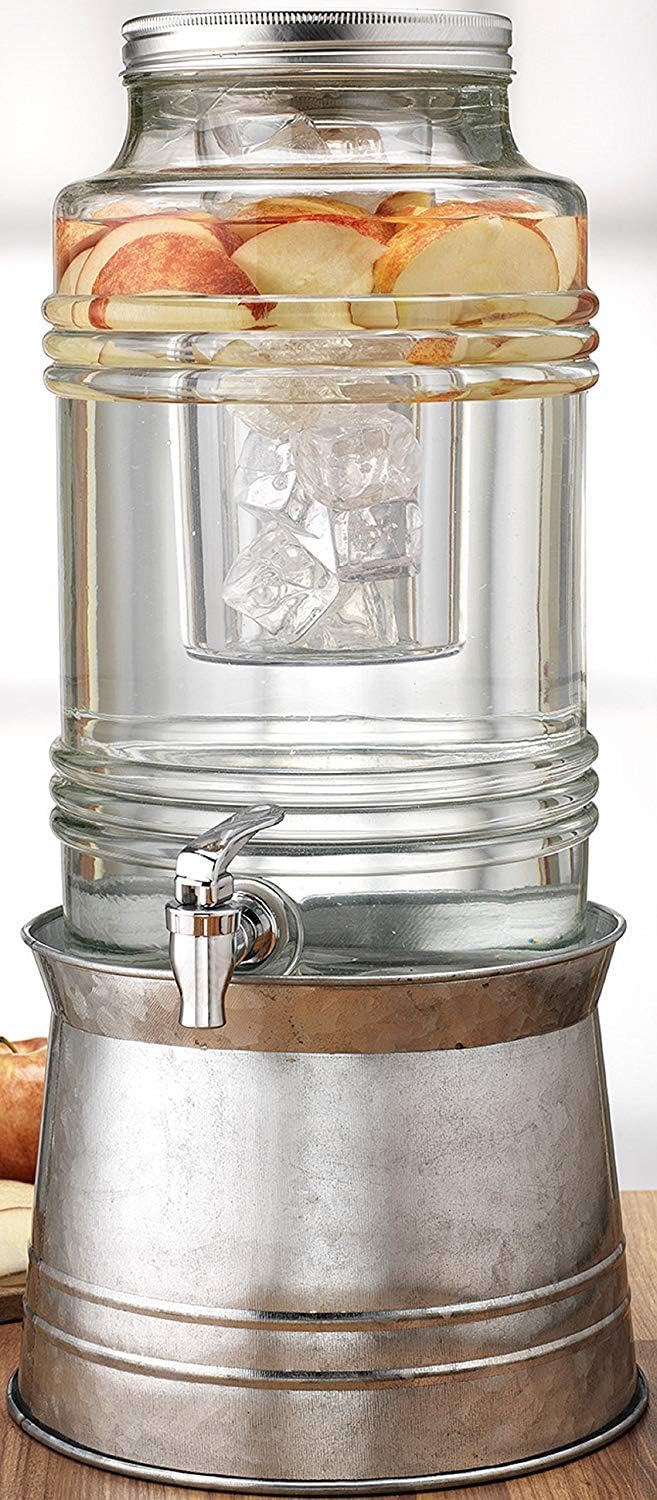 Circleware Breeze Glass Beverage Dispenser with Base Metal Stand Transforms to Ice Bucket, Lid, Fruit Infuser and Ice Insert, Entertainment Kitchen Drinking Glassware, Party, Huge 2.4 Gallons