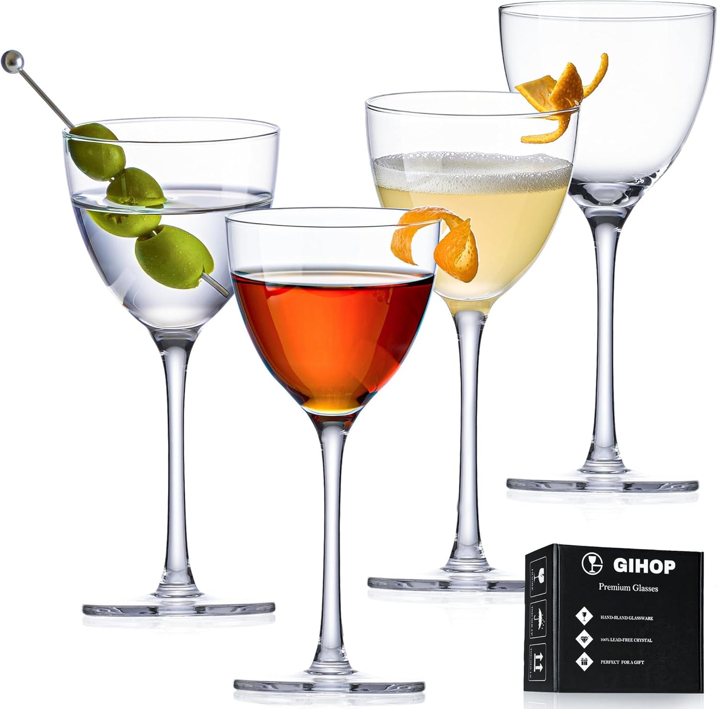 GIHOP Nick and Nora Cocktail Glasses, 5.8Oz Hand Blown Martini Glasses Set of 4, 100% Lead-Free Crystal Coupe Glassware, Small Cocktail Glasses for Manhattan, Cosmopolitan, Espresso with Gift Box