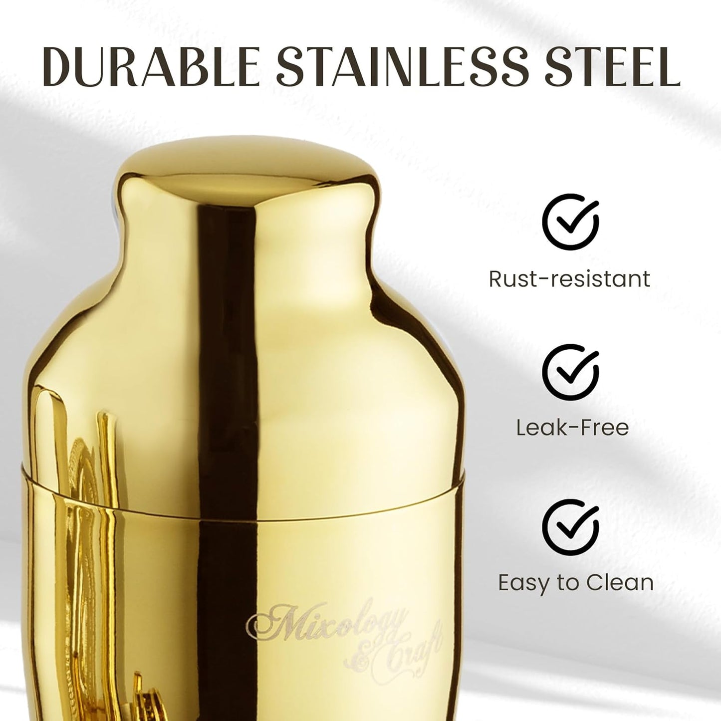 Mixology & Craft Cocktail Shaker Set with Bamboo Stand - Professional 18oz 10-Piece Bartender Kit, Complete Bar Set for Home Use with Jigger, Muddler, Strainer, Spoon, Pourers & Corkscrew (Gold)