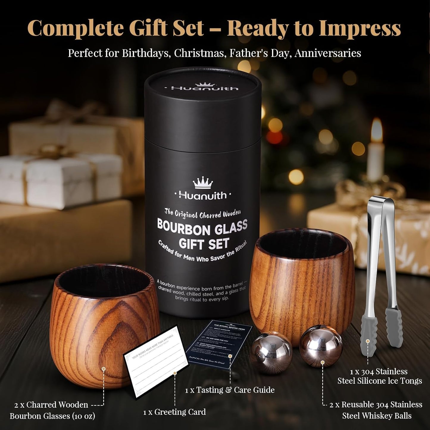 Whiskey Glasses Charred Wooden Bourbon Glass Set of 2, 10oz Handmade with Stones & Tongs – Unique Bourbon Gifts for Men Dad Husband, Ideal for Christmas Birthday Father's Day