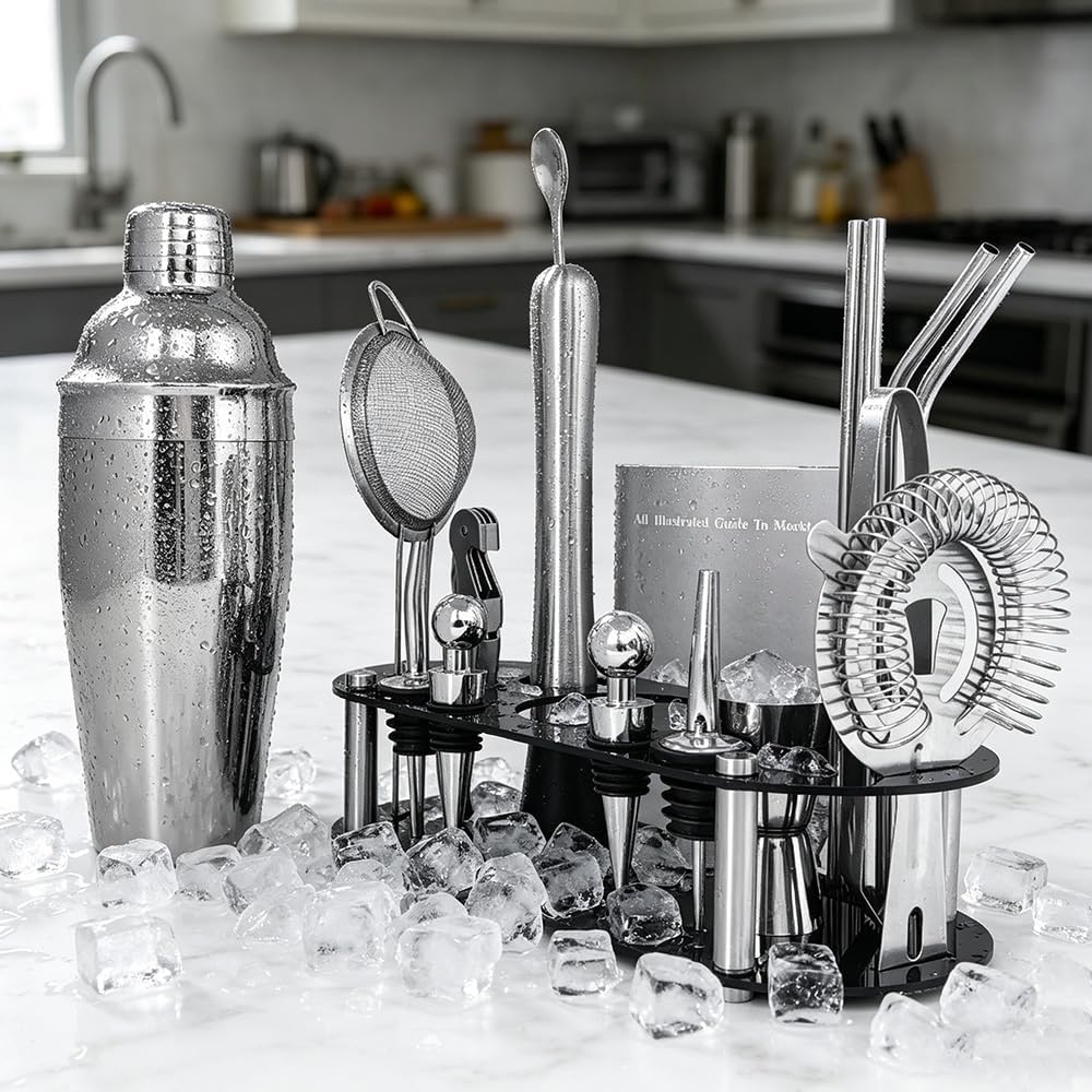 Cocktail Shaker Set Bartender Kit with Stand - 16 Piece Bar Tool Set Drink Mixer Set Includes : 25oz Shakers, Jigger, Strainer, Mixer Spoon, Muddler, Liquor Pourers, Straw (Silver)