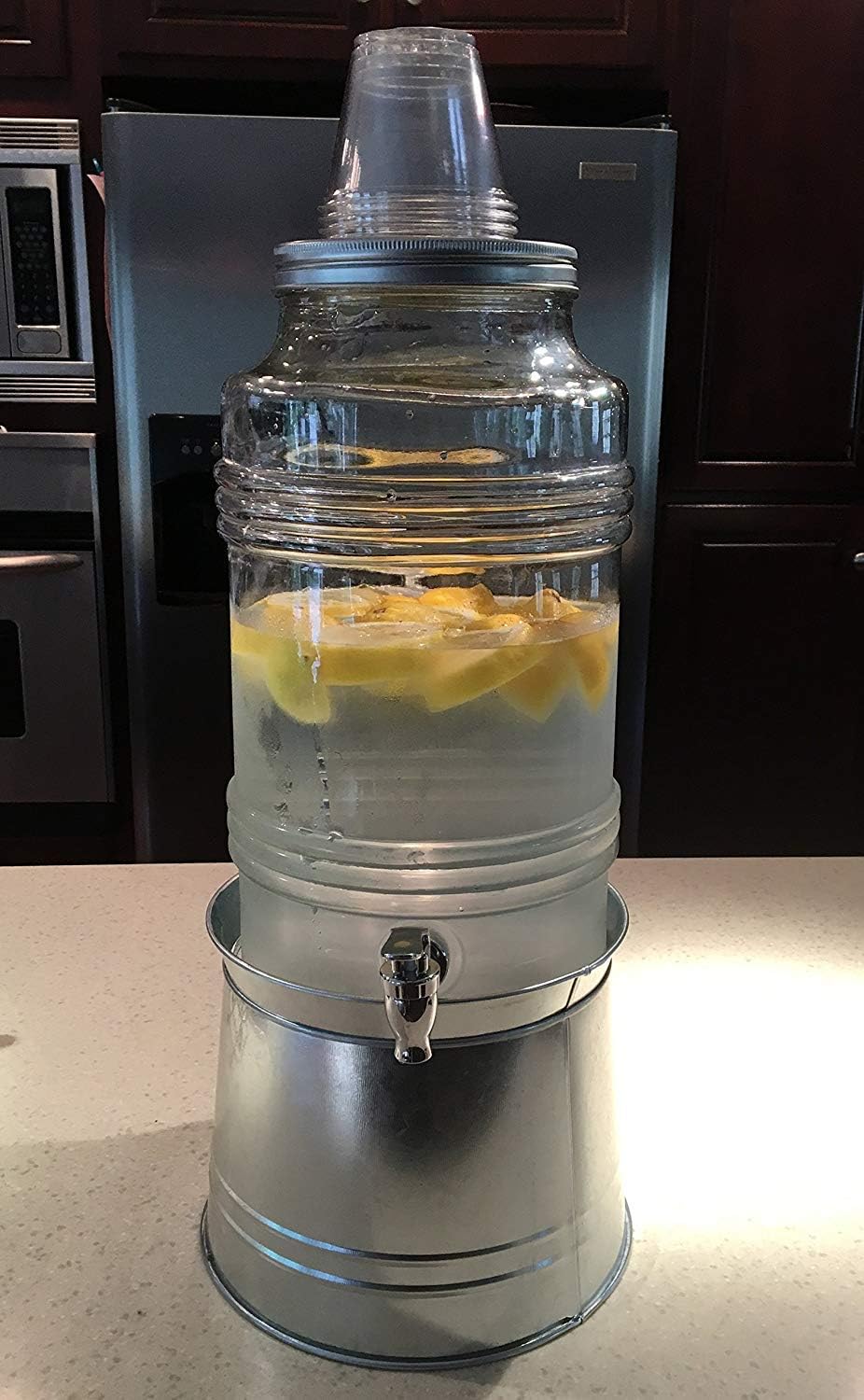 Circleware Breeze Glass Beverage Dispenser with Base Metal Stand Transforms to Ice Bucket, Lid, Fruit Infuser and Ice Insert, Entertainment Kitchen Drinking Glassware, Party, Huge 2.4 Gallons
