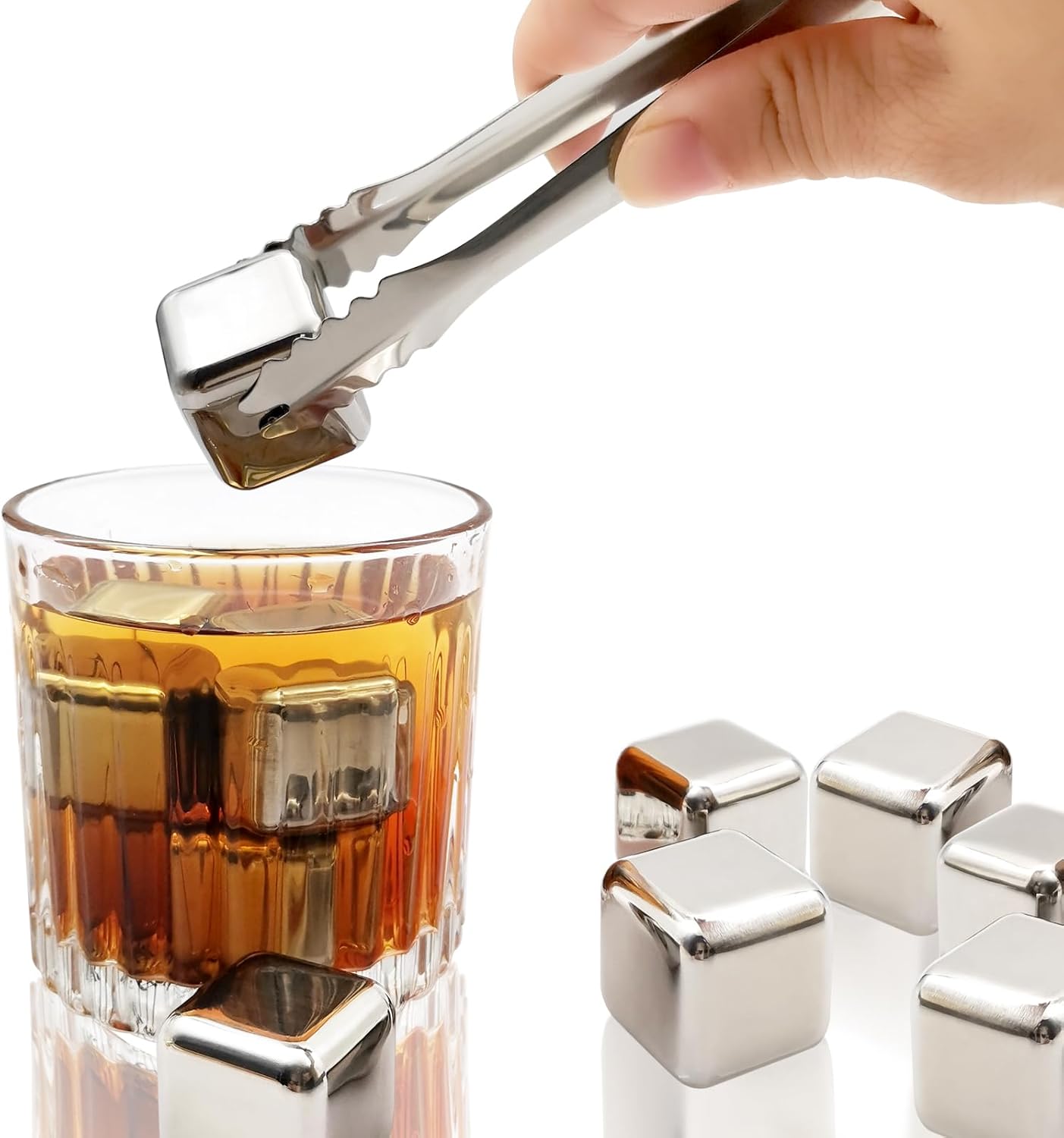 8 pcs Stainless Steel Ice Cubes for Drinks, Reusable Stainless Wine Ice Tong for Whiskey, Vodka, Soda, Wine, Beverage Juice Father's Gifts
