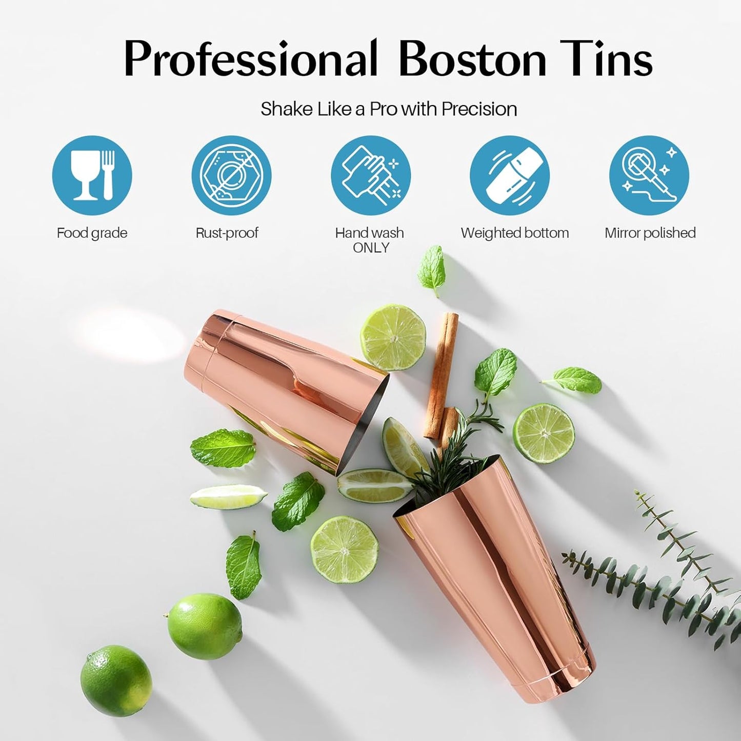WOTOR Boston Cocktail Shaker Set, 18 oz & 28 oz Stainless Steel Weighted Shaker Tins, Professional Bar Tools for Bartender, Metal Mixer for Martini & Cocktails (Rosegold)