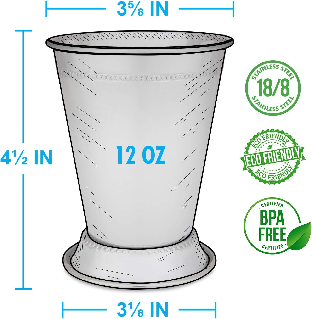 Mint Julep Cups: Stainless Steel Glasses, Set of 4, Metal 12 oz Cocktail Glasses, Party Supplies (4)