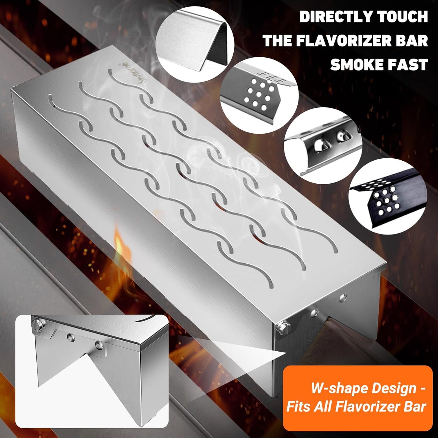 Skyflame Wood Chip Smoker Box, Stainless Steel Double V-shape BBQ Smoke Box with Hinged Lid for Charcoal & Propane Gas Grill, 12.5"(L) x 3.3"(W) x 2.5"(H), U.S. Design Patent
