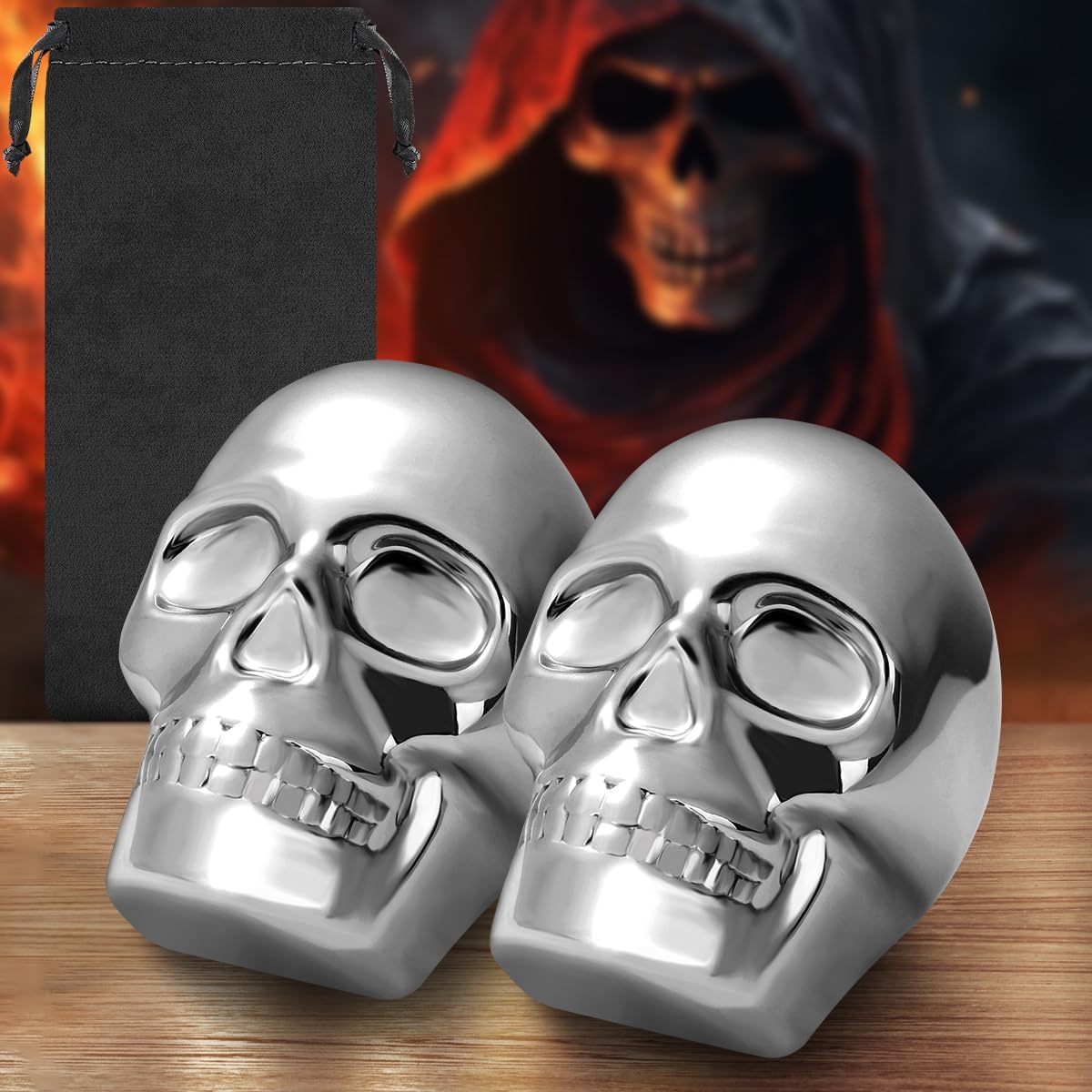Skull Head Stainless Steel Ice Cubes Mold, Whisky Stones Stainless Steel, Set of 2 with Gift Bag, Skull Head Cooling Stones, Whiskey Stones Reusable, Bar Accessories, for Whisky, Gin, Rum, Tequila