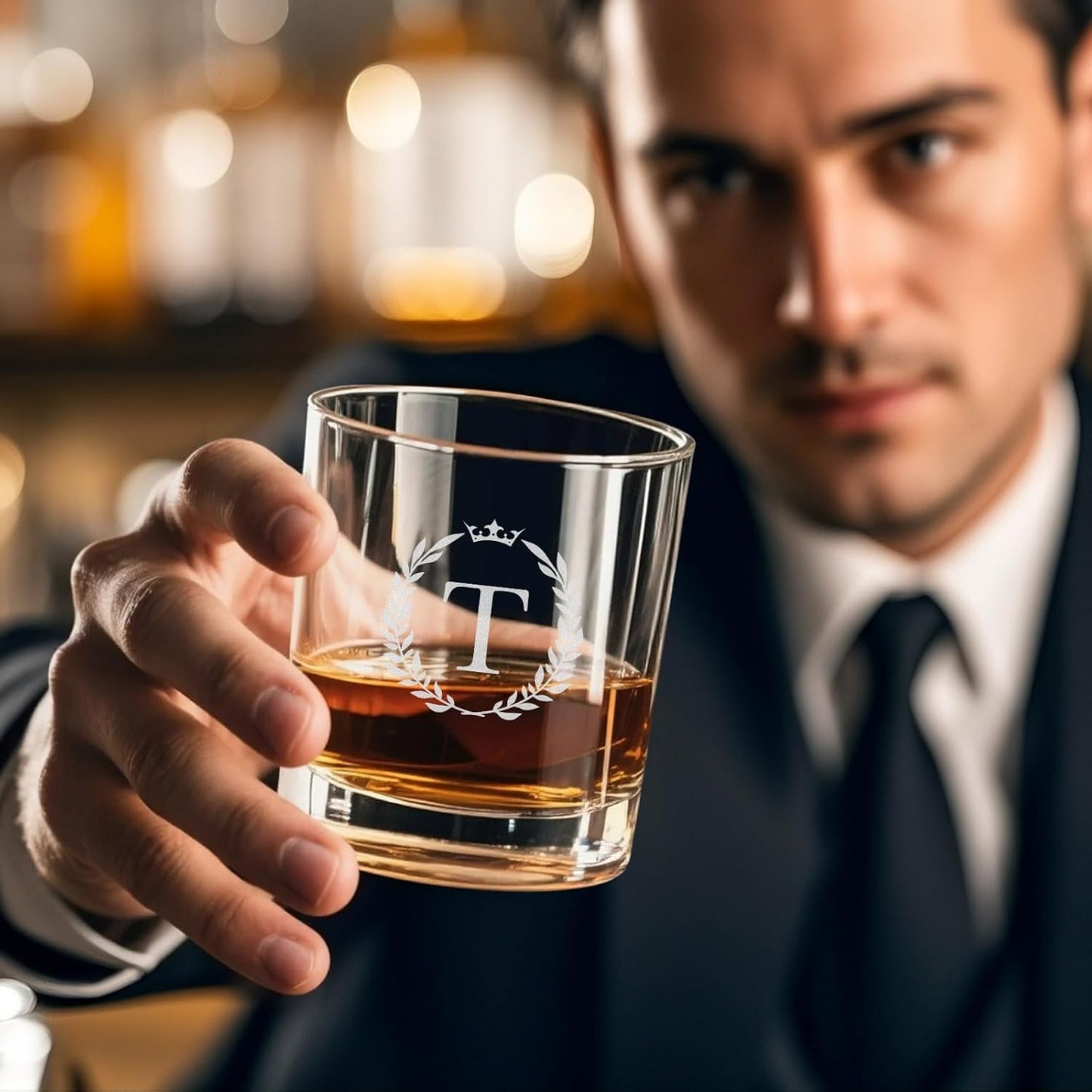Astonlink Personalized Whiskey Glasses Gifts for Men, Monogrammed Engraved A-Z 10.6 oz Rocks Glass Customized Gift, Unique Fathers Day Birthday Gifts for Men Him Dad Husband Brother Son (T)