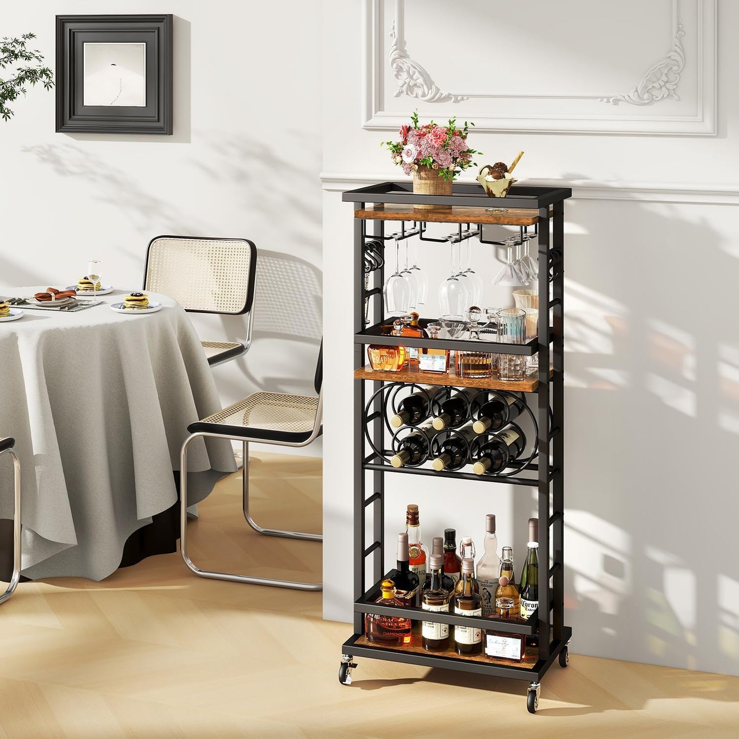 IBUYKE 4-Tier Wine Car Cabinet with Wheels,Wine Rack Freestanding Floor, Bar Cart for Liquor Whiskey Wine,Versatile Wine Bottle Display Shelf,Mini Bar for Home Living Room,Rustic Brown UTMJ912H