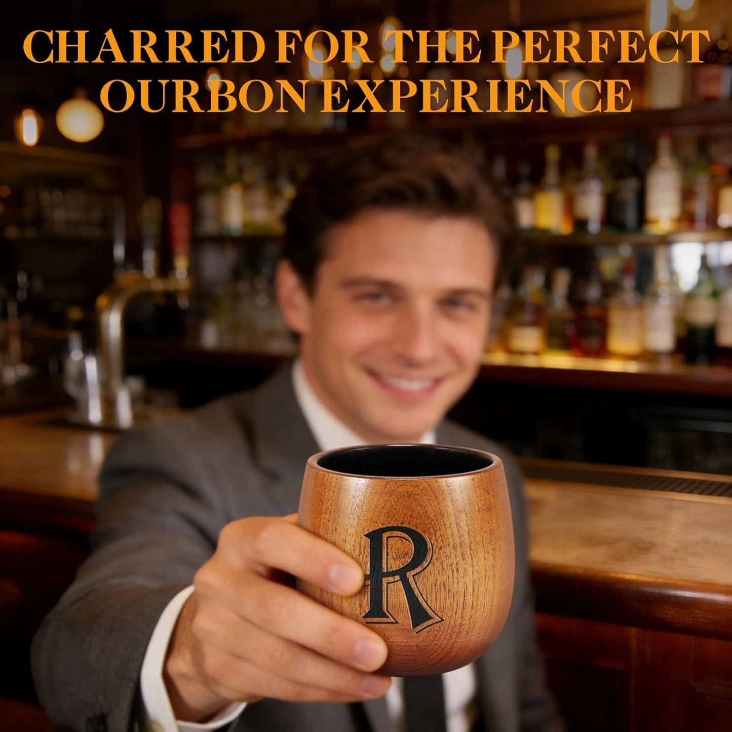 Astonlink Personalized Gifts for Men Husband Dad Boyfriend, Initial Charred Wooden Bourbon Drinking Glass & Whiskey Glasses Gift, Fathers Day Birthday Gifts for Men Dad Husband Brother Him (R)