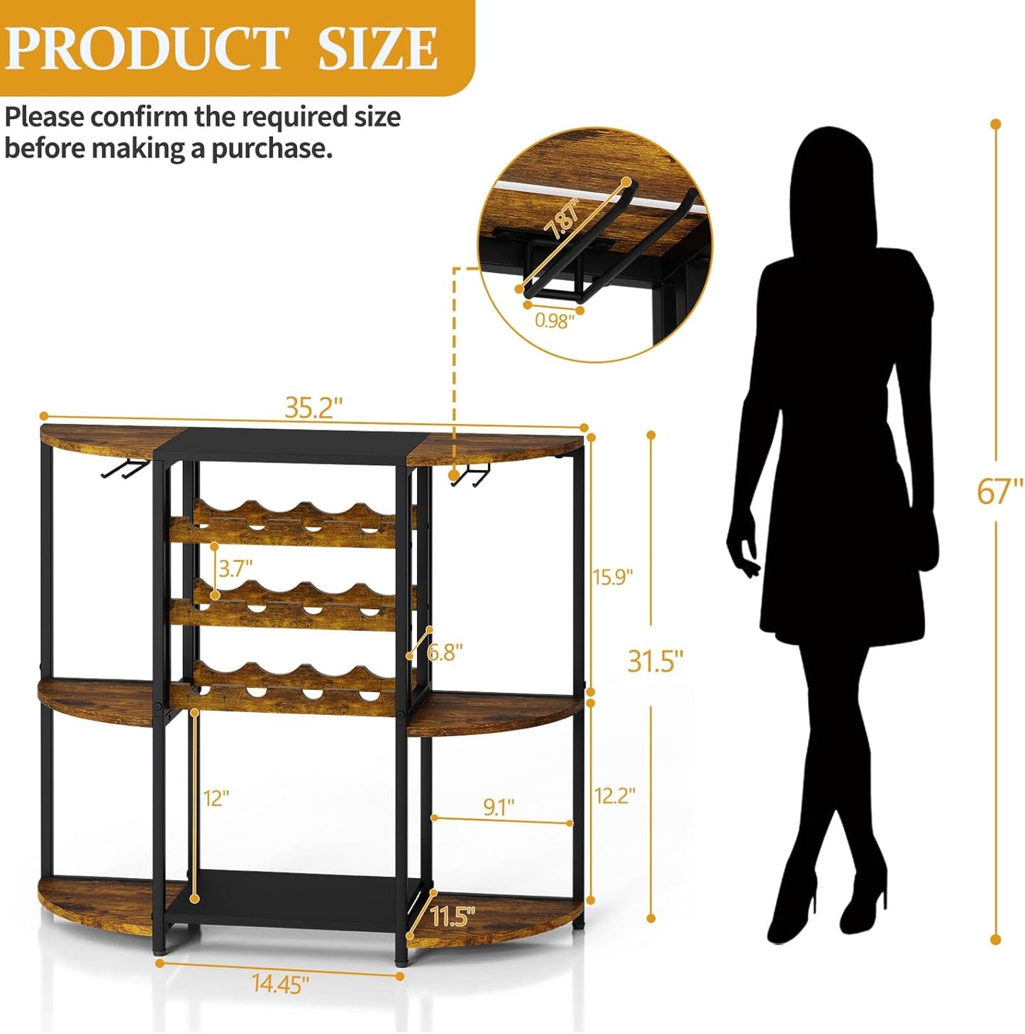 JKsmart Small Wine Bar Cabinet with LED Lights, Mini Wine Rack with Storage and Glass Holder, Home Bar Cart for Liquor, 3-Tier Bar Table for Kitchen, Dining Room, Living Room, Rustic Brown