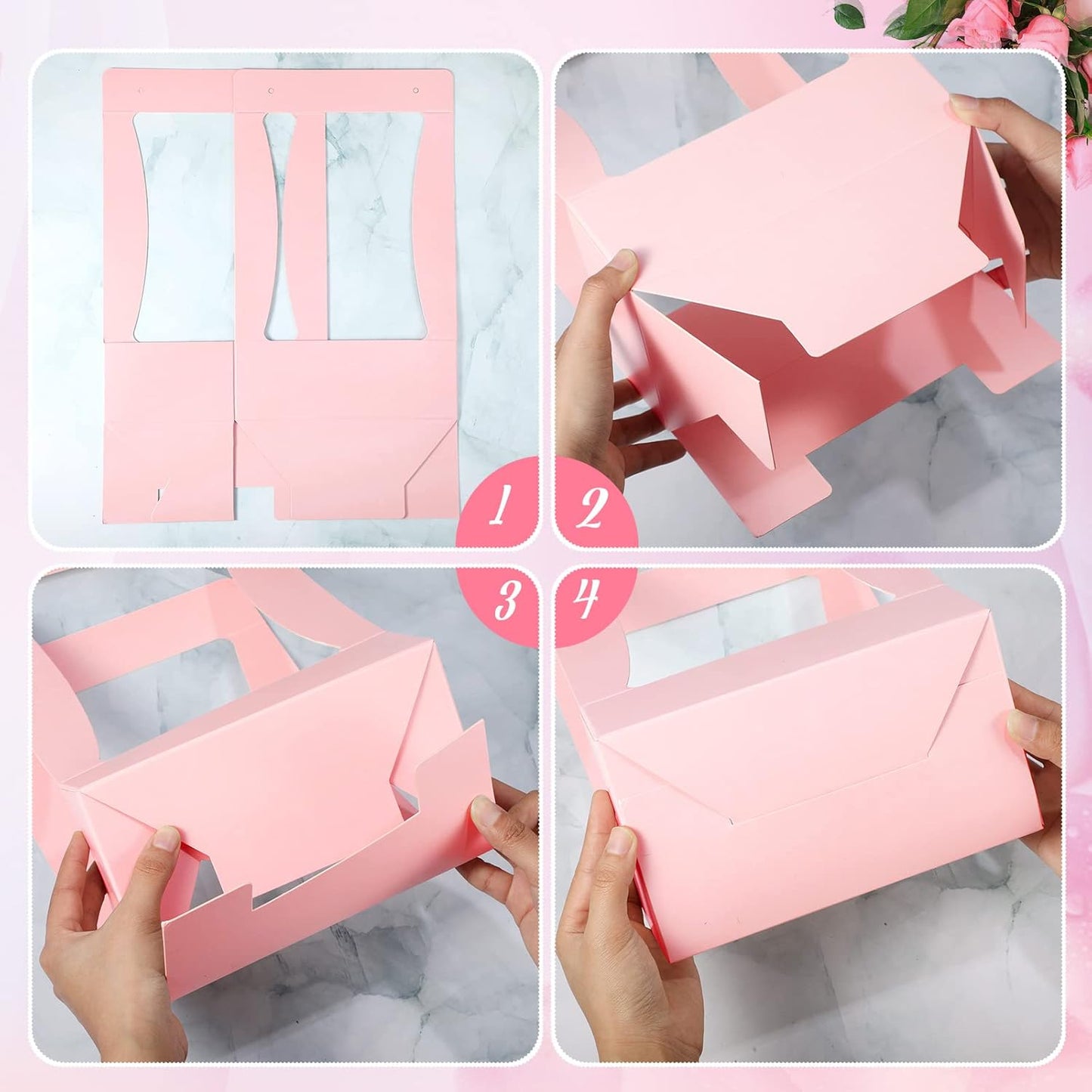 Teling 24 Pcs Mother's Day Flower Boxes for Arrangements Paper Pink Flower Gift Bags for Bouquets Portable Waterproof Floral Box with Handle for Wedding Floral Bar Mom Party Decor Florist Supplies