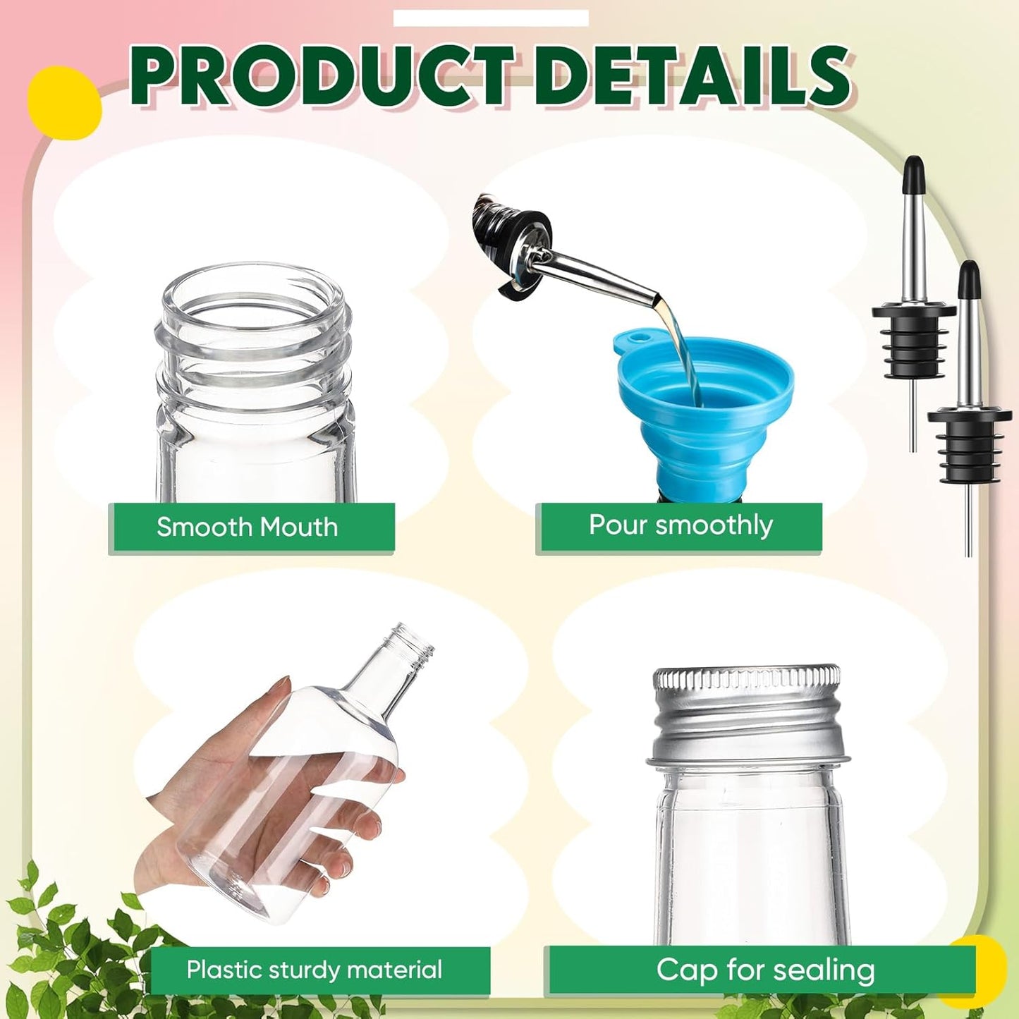 Maxcheck 6 Set 16 oz Plastic Long Neck Bottles with Rainbow Pourer and Caps Plastic Juice Pour Bottles with Stainless Steel Pourer Tapered Spout Syrup Pourers for Liquor Juice Store