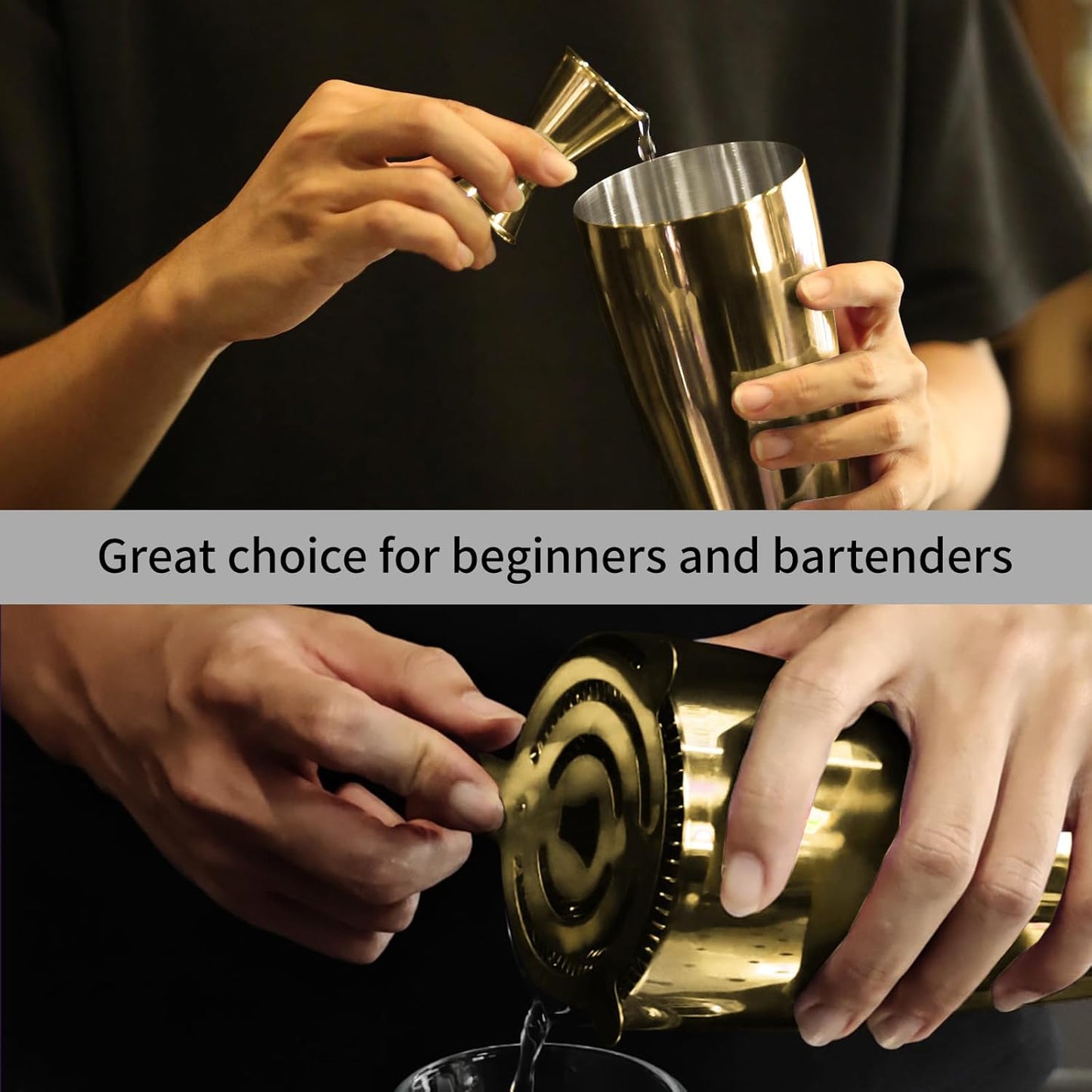 Safring Boston Cocktail Shaker Bar Set, Weighted Boston Shaker Tins, Bartender Kit with 18oz & 28oz Mixed Drink Shaker, Hawthorne Strainer, Double Measuring Jigger - Gold