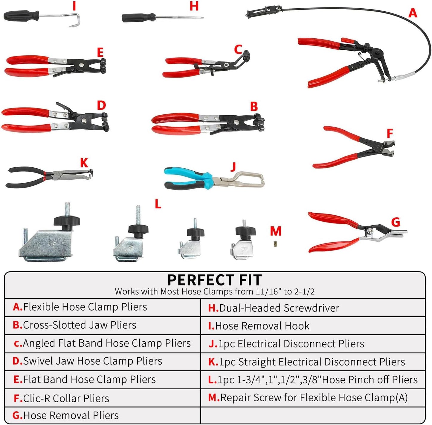 DPTOOL Hose Clamp Pliers Set 15pcs Hose Clamp Removal and Installation Tool Kit for Automotive Coolant Radiator Heater, Water Hose, fuel lines etc, with 2pcs Electrical Disconnect Pliers