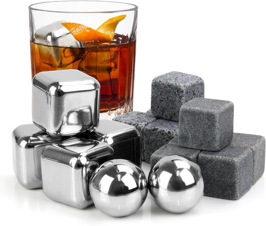 16 Pcs Whiskey Stones, Include Metal Ice Cube, Granite Stones, Whiskey Balls, Reusable Whiskey Stones Set for Wine Bourbon Whiskey Gifts for Men Dad Husband Boyfriend