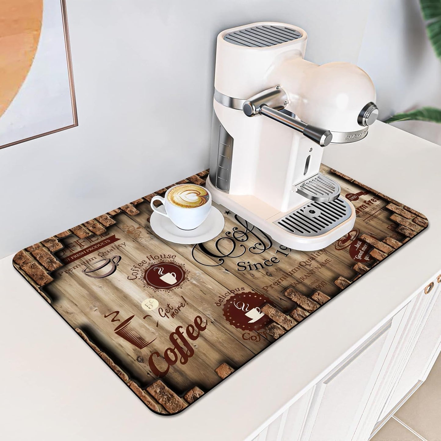 Absorbent Coffee Bar Mat for Espresso Machine Countertops - Rubber Backed Draining Pad - Fit Under Coffee Maker - 20x12in