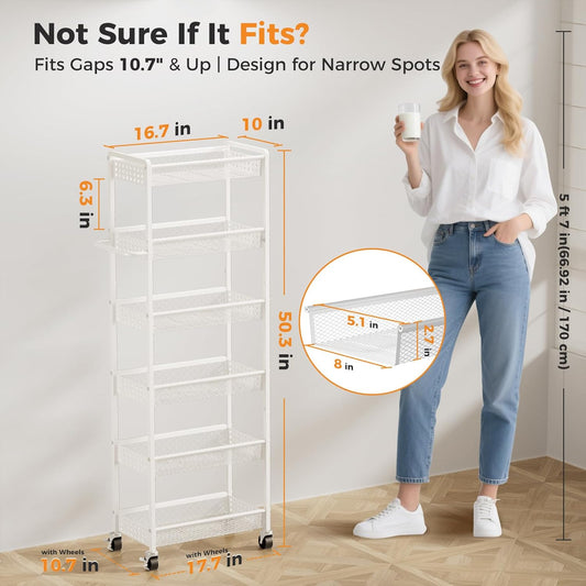 6 Tier Slim Storage Cart with Wheels, 10" D Rolling Storage Cart for Small Space, Metal Narrow Spice Cabinet Mobile Shelving Unit Organizer with Handle for Kitchen, Laundry - White