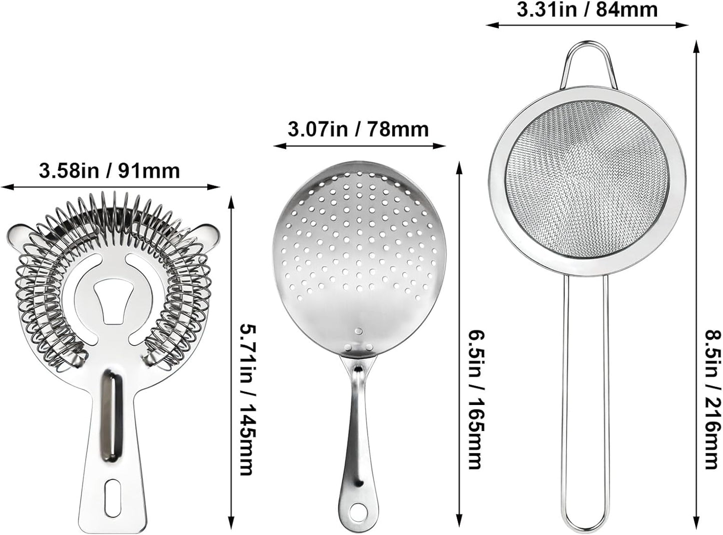 3-IN-1 Cocktail Strainer Set, Includes Julep, Hawthorne, Fine Mesh Strainer, Food Grade 304 Stainless Steel, Complete Set Covering All Cocktail Straining Techniques, Essential Home Bar Tools