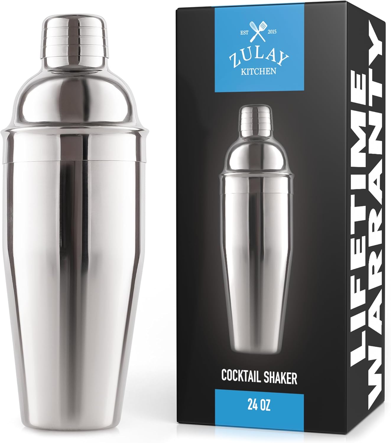 Zulay Cocktail Shaker (24oz) 18/8 Stainless Steel Martini Shaker with Built-in Strainer - Professional Grade Drink Shaker and Strainer for Bartending & Homebars (Silver)