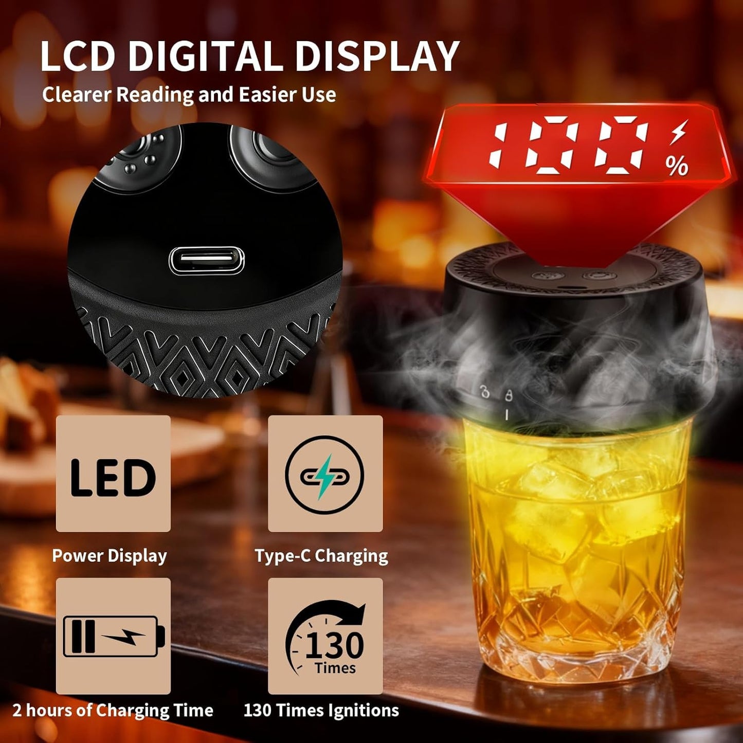 Electric Whiskey Smoker Kit with 6 Wood Chips, Rechargeable Cocktail Smoker Built-in Lighter, Old Fashioned Bourbon Drink Smoker Kit, Fathers Day Birthday Gifts for Men Dad Husband, No Butane Needed