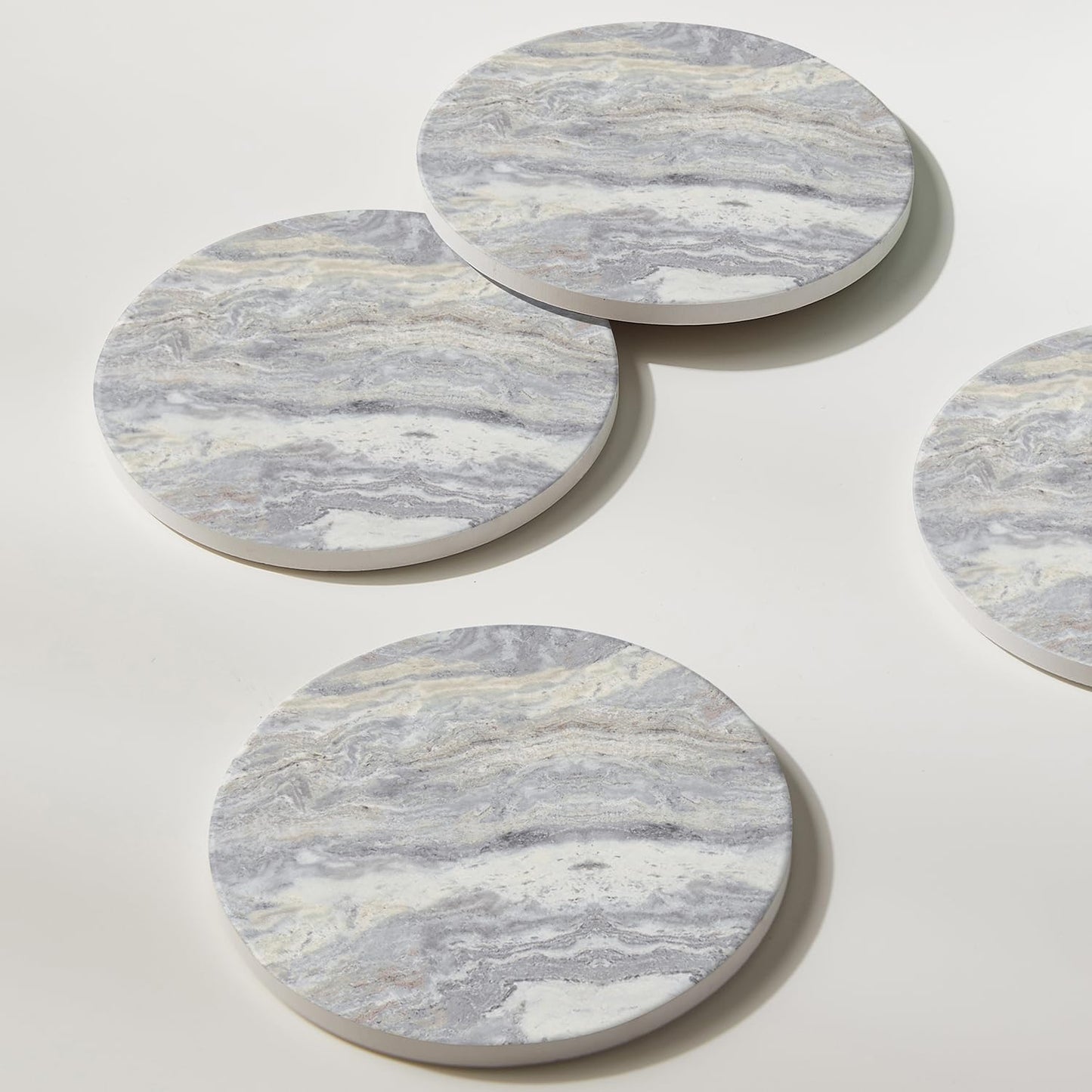 Set of 6 Light Gray Abstract Onyx Marble Coasters with Holder, Absorbent Ceramic Coasters for Drinks, Coasters with Cork Backing for Table Protection, Coffee Table Decor