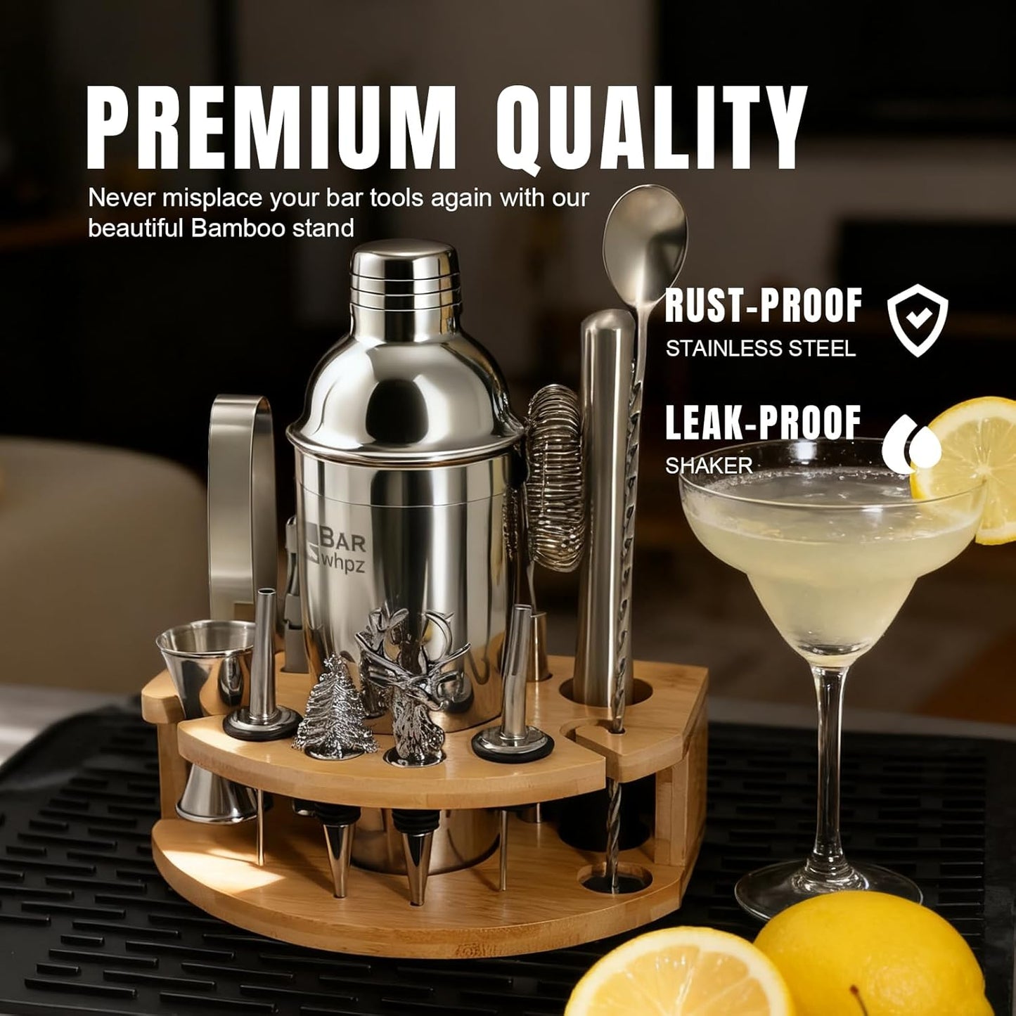 Silicone Pad Included Cocktail Shaker Set Bartender Kit,Mixology Bartender Kit 13-Piece with Bamboo Stand,Martini Shaker Kit with All Essential Accessory Tools for Drink Mixing Gift for him or her