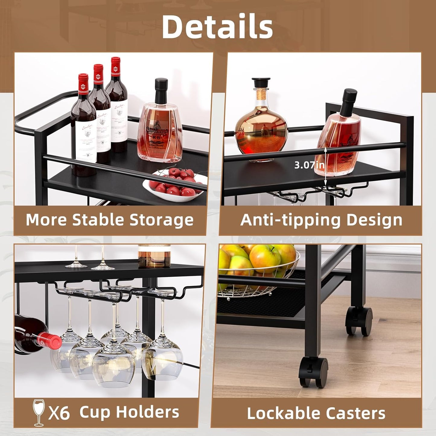 Joaxswe Bar Cart,Home Bar Serving Cart with Storage Shelves, 2 Tier Rolling Beverage Cart with Wheels, Modern Wine Cart with Wine Rack and Glass Holder for Kitchen, Living Room,Dinning Room,Black